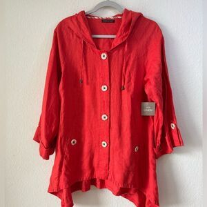 For Cynthia 100% Linen Coral Red Hooded Button-Down Lightweight Jacket Lagenlook